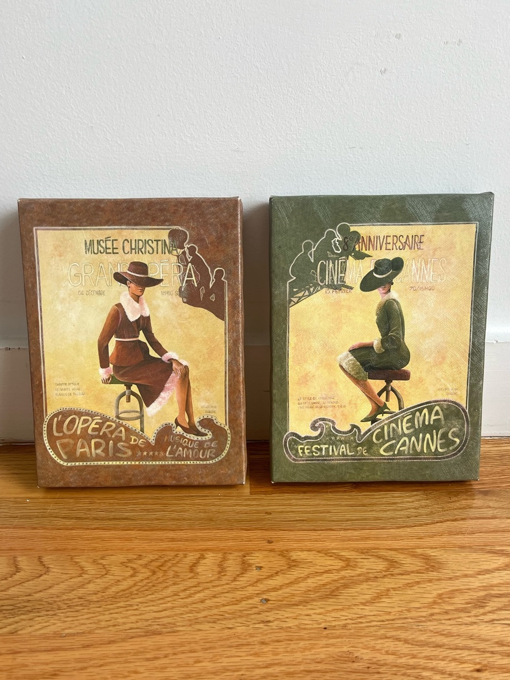 Vintage-Inspired Brown & Green Paris/Cannes Art Prints Set